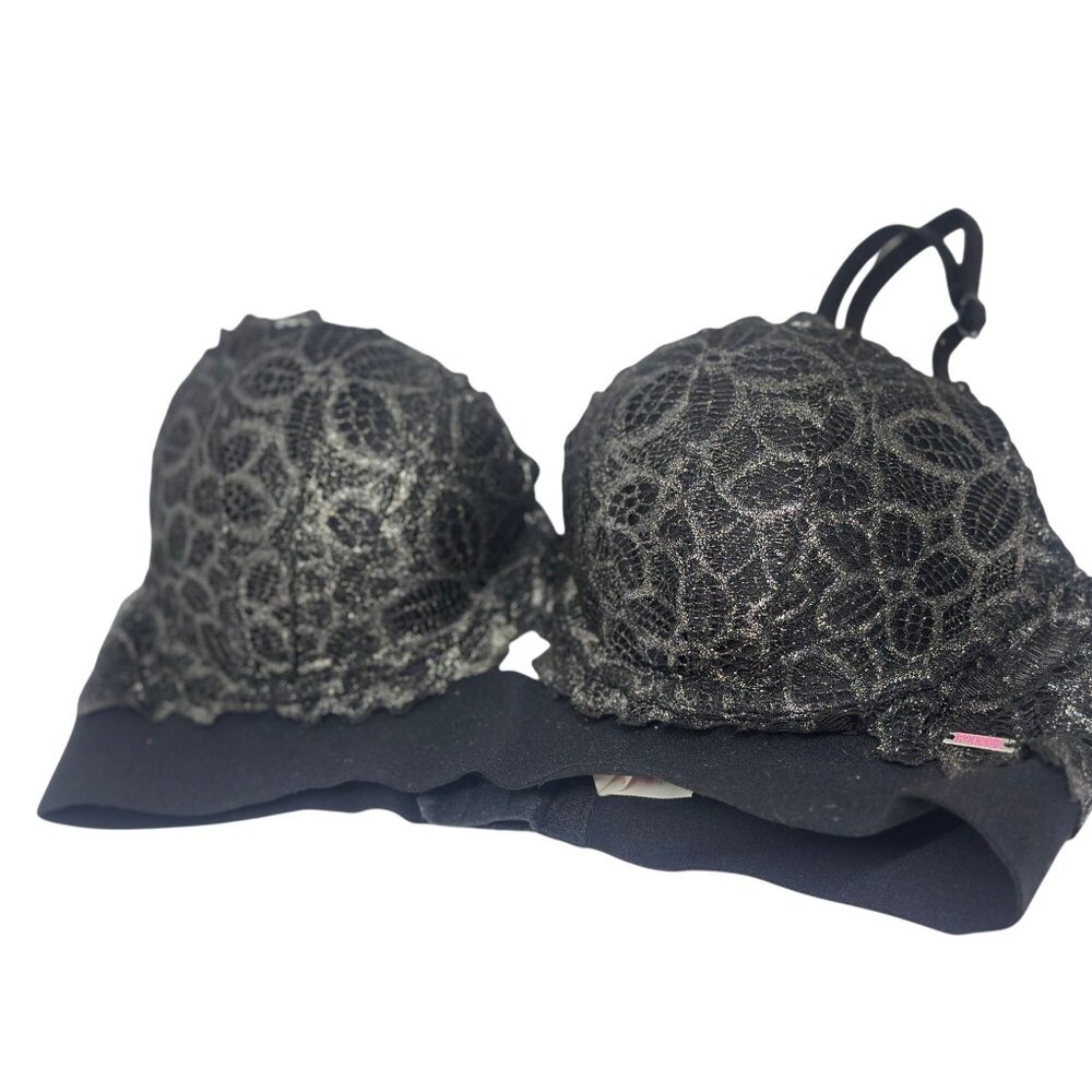 Victoria’s Secret PINK Push-Up Bra – Black Lace‎ with Gold Glitter, 32C